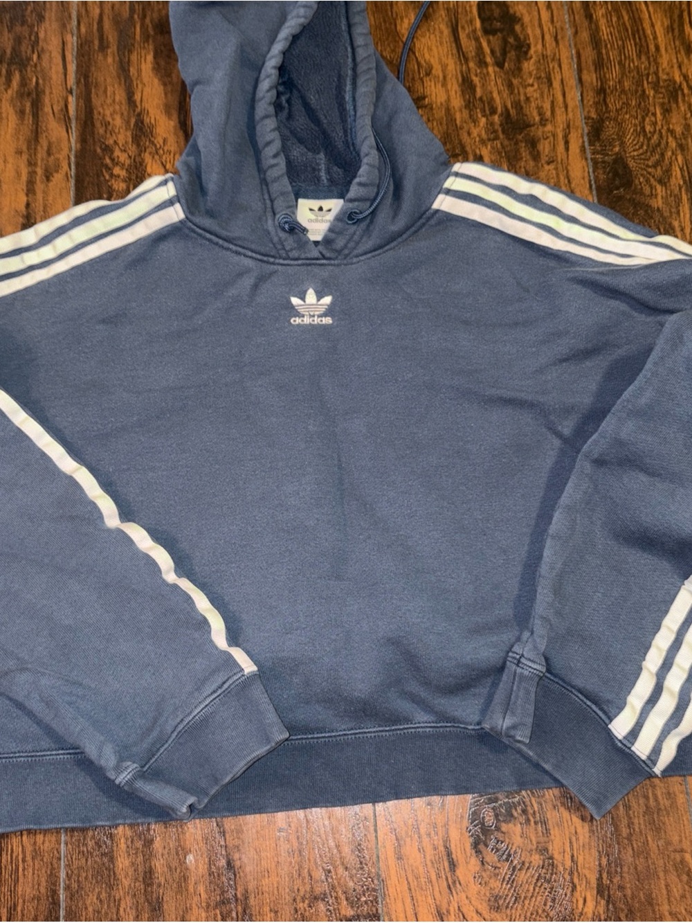 Adidas Trefoil cropped Blue Hoodie with White Stripes